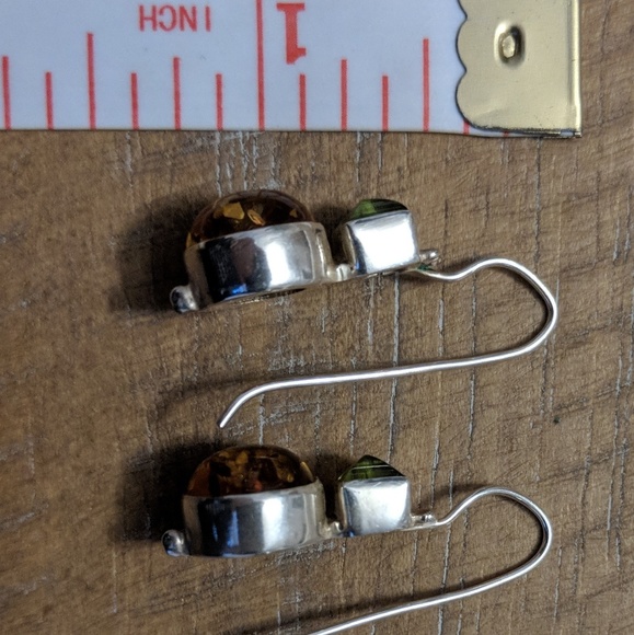 925 Sterling Silver Green & Orange Dangle Earrings - Picture 2 of 4